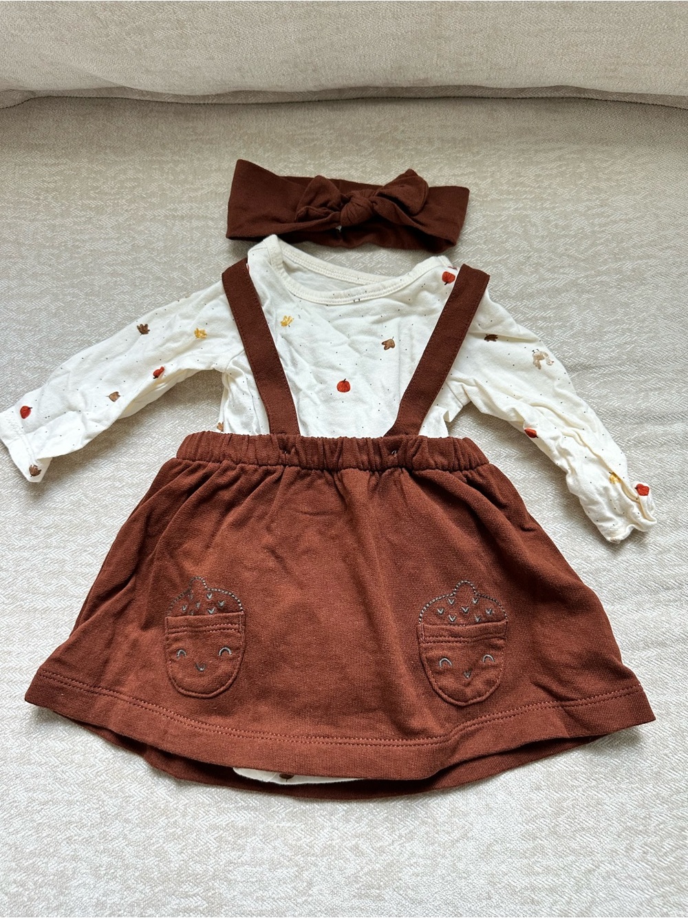 Girls Brown Suspender Skirt & Headband Set with Cream Printed Top